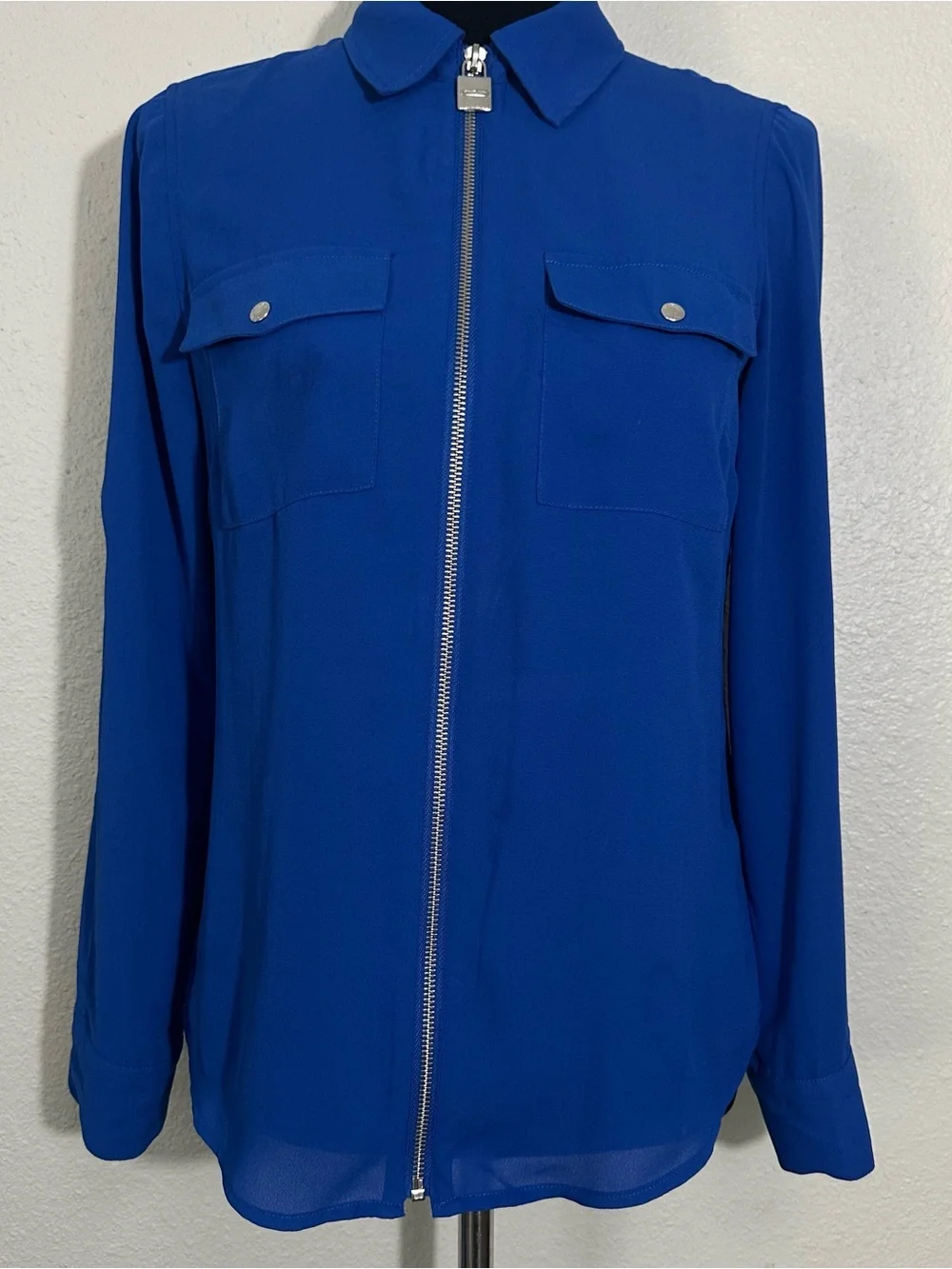 Michael Kors Cobalt Blue Zip-Front Long Sleeve Blouse